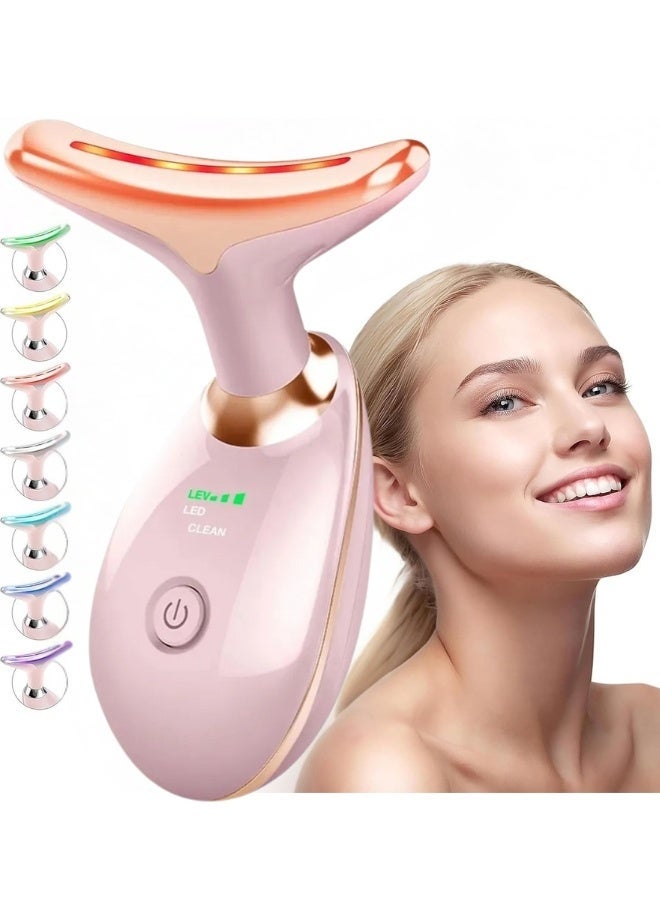 Face Massager, Face Beauty Device, Facial Lifting Therapy Machine EMS Face Massager Anti Wrinkle Skin Tightening Reduce Double Chin Skin Care Tools 7 Colour Modes- Pink - Image 1